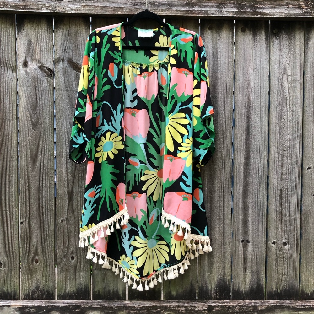 Judith March Cover Up Kimono Floral Tassel Fringe Size S Beach Swim